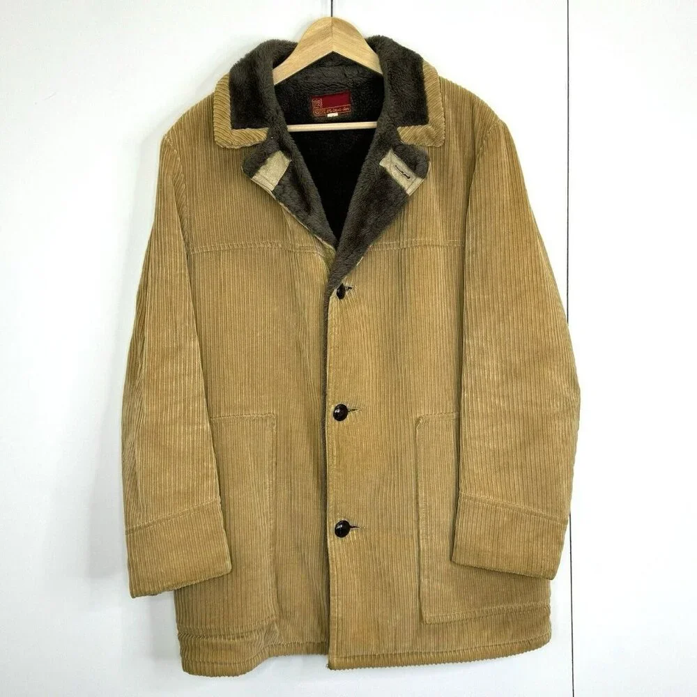 Vintage Sears Coat Mens Large 42 Corduroy Sherpa Fleece Hipster Boho Barn Chore
